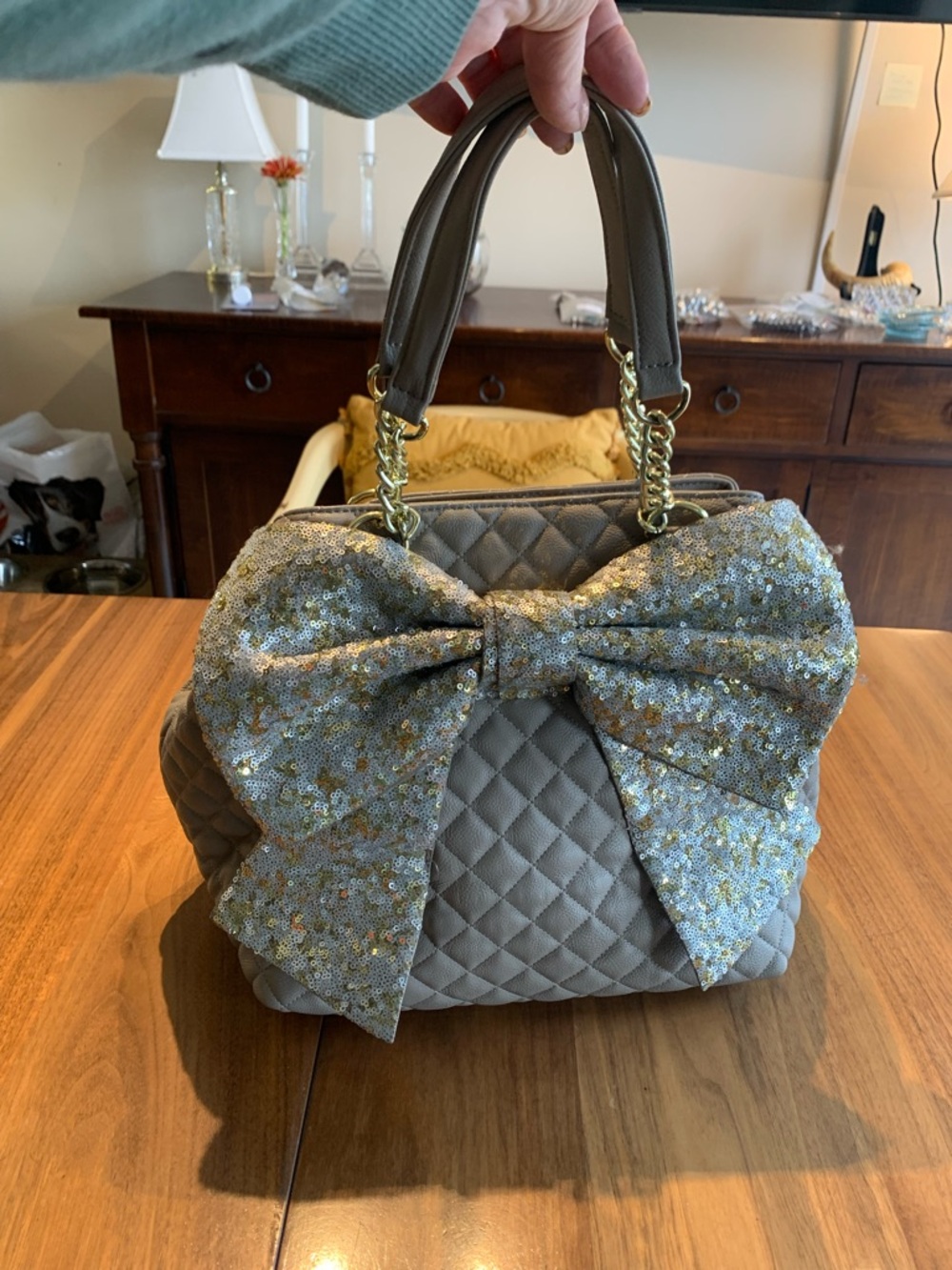 Betsey Johnson sequined handbag, hobo. purse, oyster beige, lined, large size